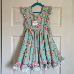 NWT Floral Girls Twirl Dress with Eyelet Lace Trim